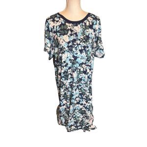 Cuddl Duds Navy Blue Floral Lounge Dress Short Sleeve Slit Hem - Size 3X